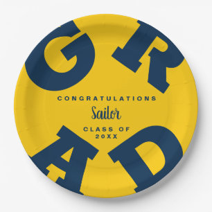 Bold GRAD Blue on Maize Yellow Graduation Paper Plate