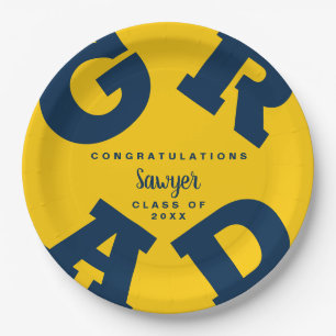 Bold GRAD Blue on Yellow Graduation Paper Plate