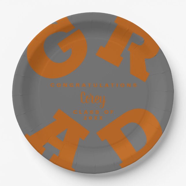 Bold GRAD Burnt Orange on Grey Graduation Paper Plate (Front)