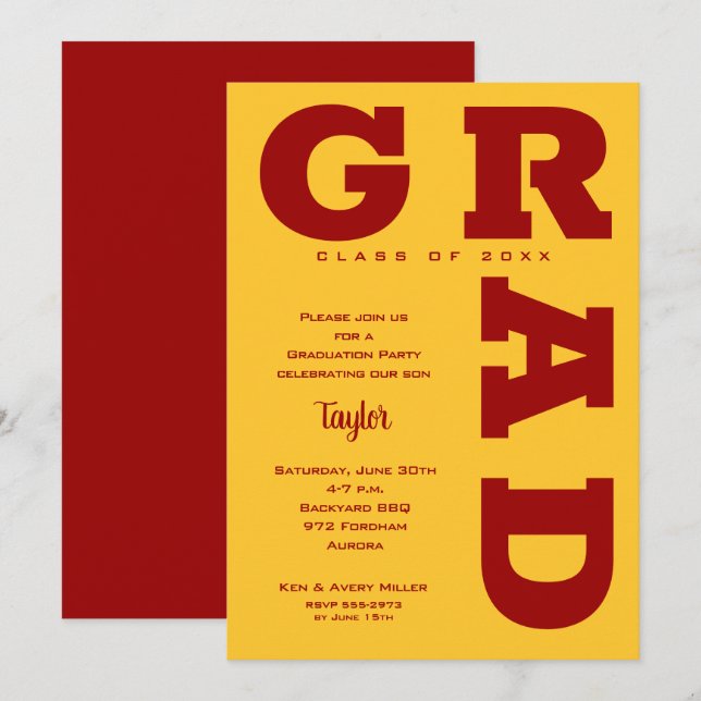 Bold GRAD Cardinal Red Gold Graduation Invitation (Front/Back)