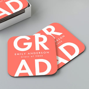 Bold Grad Coral Graduation Party Square Paper Coaster