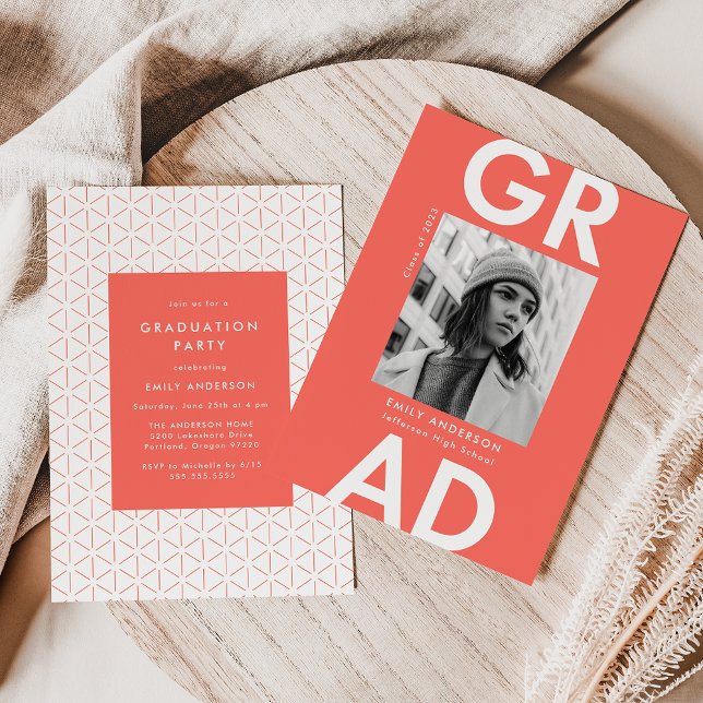 Bold Grad Coral Photo Graduation Party Invitation (Creator Uploaded)