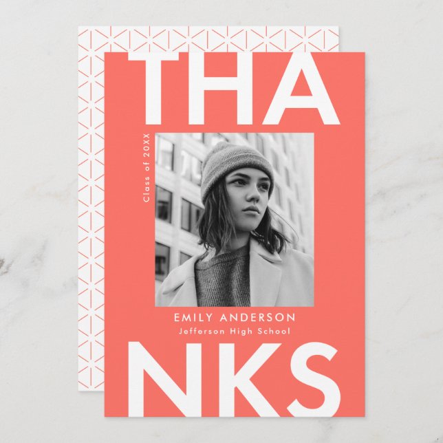 Bold Grad Coral Photo Graduation Thank You Card (Front/Back)