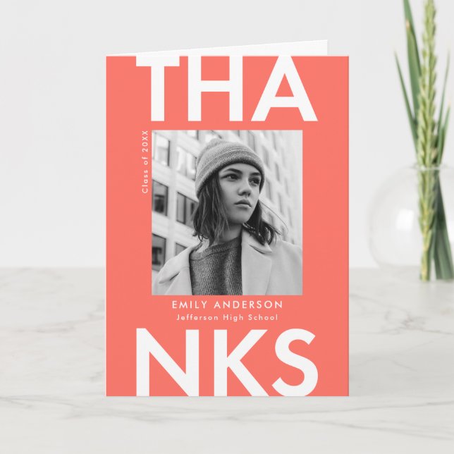 Bold Grad Coral Photo Graduation Thank You Card (Front)