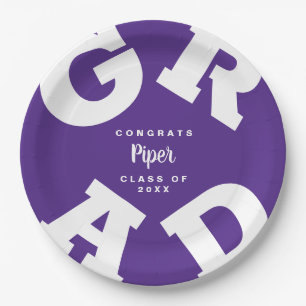 Bold GRAD Custom White on Purple Graduation Paper Plate