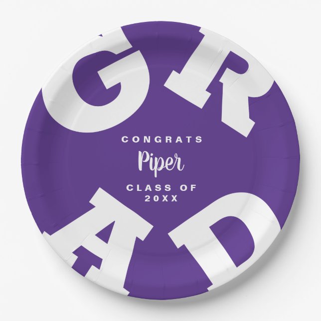 Bold GRAD Custom White on Purple Graduation Paper Plate (Front)