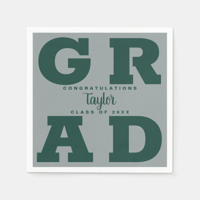 Bold GRAD | Dark Green on Grey Graduation Napkins (Front)