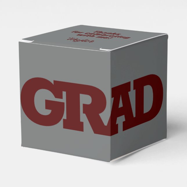 Bold GRAD Dark Maroon on Grey Graduation Party Favour Box (Front Side)