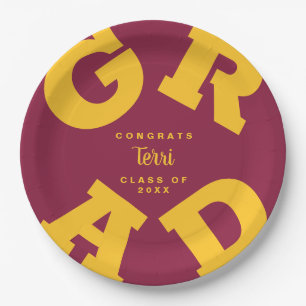 Bold GRAD Gold on Maroon Personalised Graduation Paper Plate
