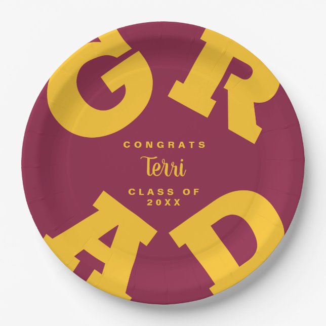 Bold GRAD Gold on Maroon Personalised Graduation Paper Plate (Front)