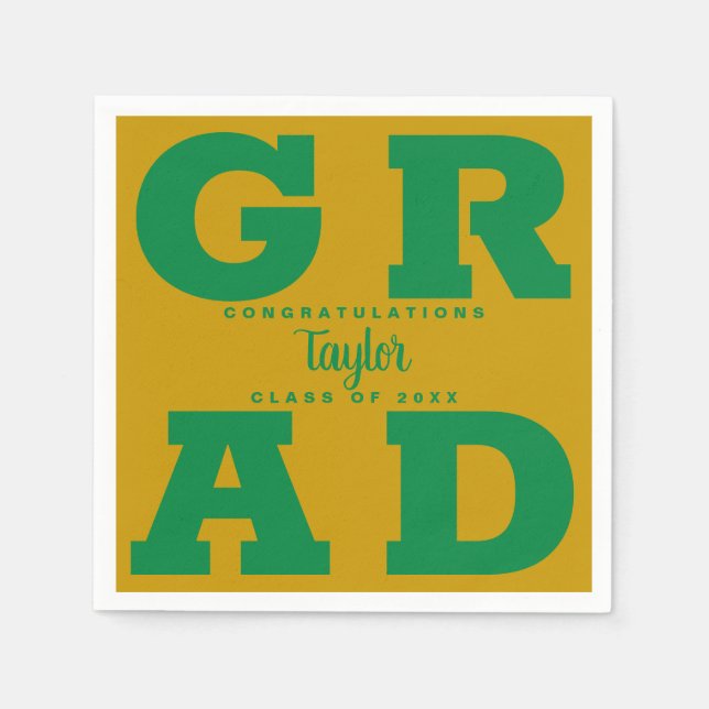 Bold GRAD | Green on Gold Graduation Napkin (Front)