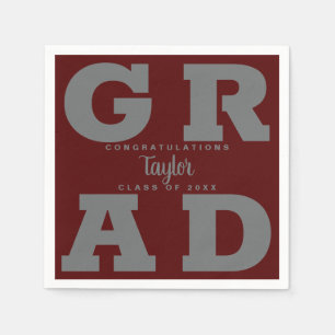Bold GRAD Grey on Dark Maroon Graduation Napkins
