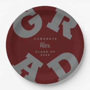 Bold GRAD Grey on Dark Maroon Graduation Paper Plate