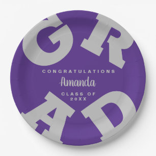 Bold GRAD Grey on Purple Graduation Custom Paper Plate