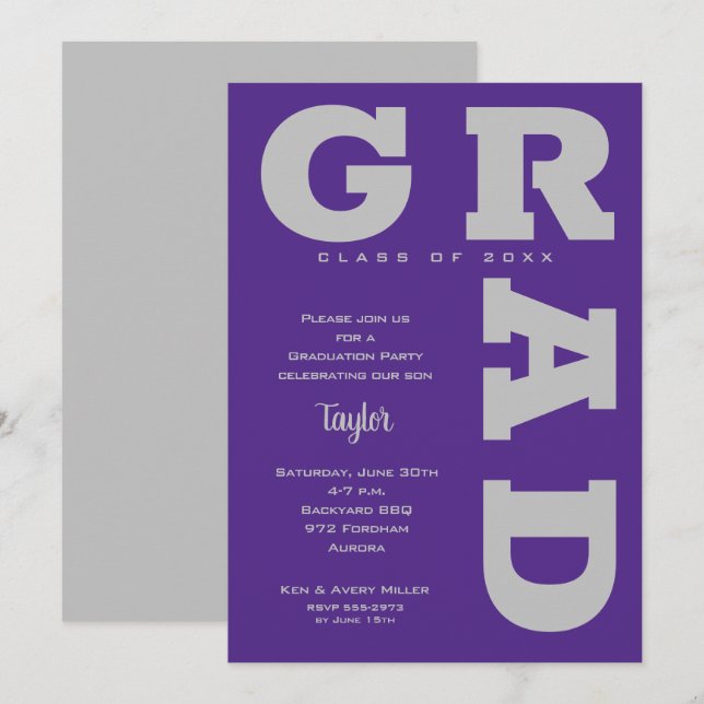 Bold GRAD Grey on Purple Graduation Invitation (Front/Back)