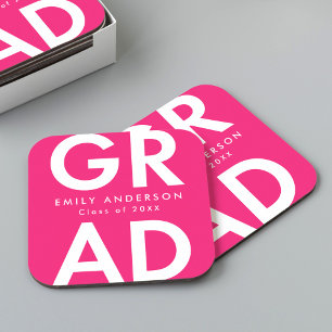 Bold Grad Hot Pink Graduation Party Square Paper Coaster