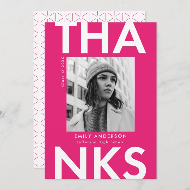 Bold Grad Hot Pink Photo Graduation Thank You Card (Front/Back)
