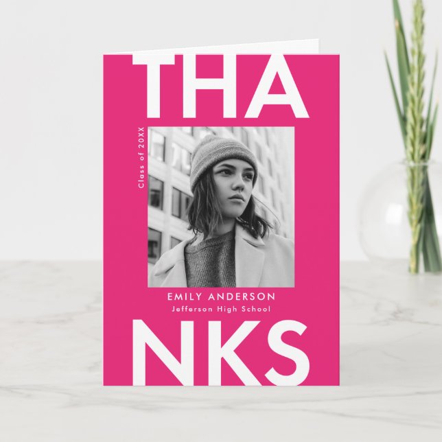 Bold Grad Hot Pink Photo Graduation Thank You Card (Front)