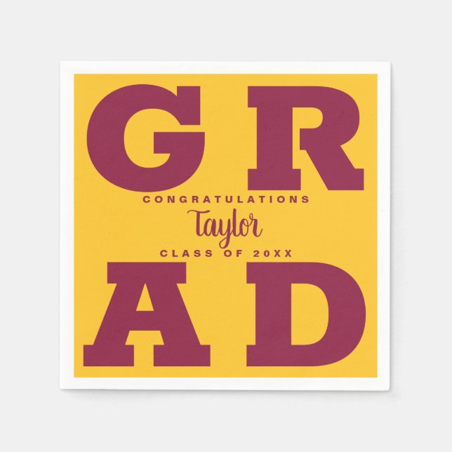 Bold GRAD Maroon on Gold Graduation Napkins (Front)