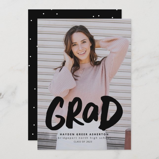 Bold grad modern black one photo graduation announcement (Front/Back)