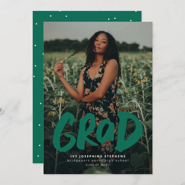 Bold grad modern green one photo graduation announcement (Front/Back)