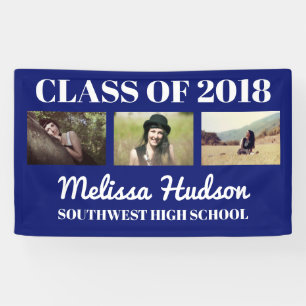 Bold Grad Navy Blue Congratulations Three Photo Banner
