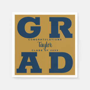 Bold GRAD   Navy on Gold Graduation Paper Napkins