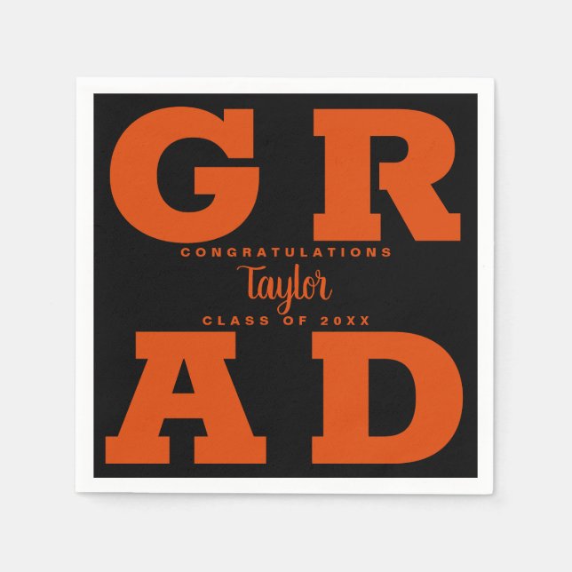 Bold GRAD | Orange on Black Graduation Napkins (Front)