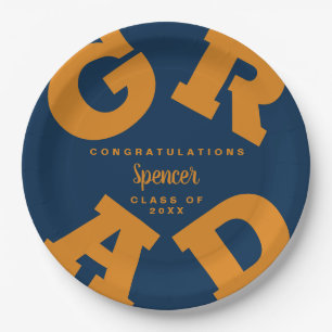 Bold GRAD Orange on Navy Graduation Paper Plates