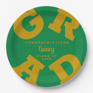 Bold GRAD Personalised Gold on Green Graduation Paper Plate