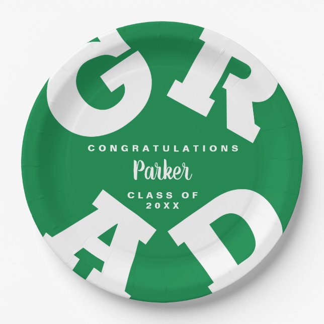Bold GRAD Personalised White on Green Graduation Paper Plate (Front)