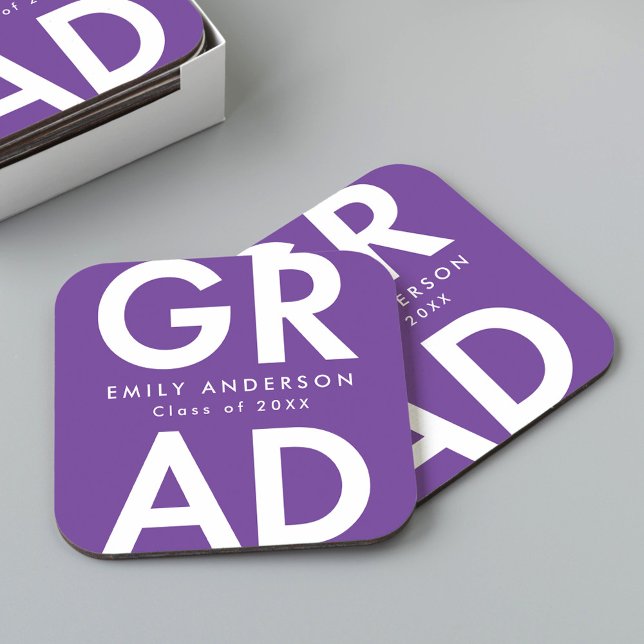 Bold Grad Purple Graduation Party Square Paper Coaster (Creator Uploaded)