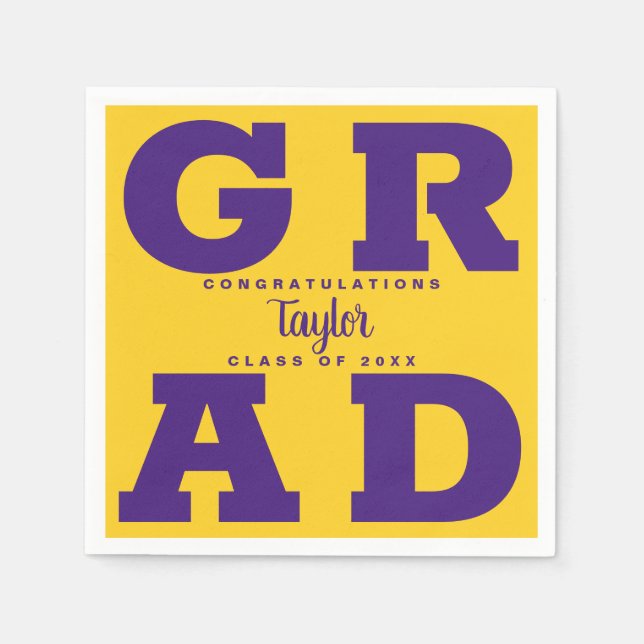 Bold GRAD Purple on Gold Graduation Napkin (Front)