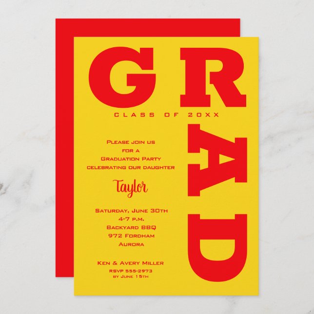 Bold GRAD Red on Yellow Graduation Invitation (Front/Back)