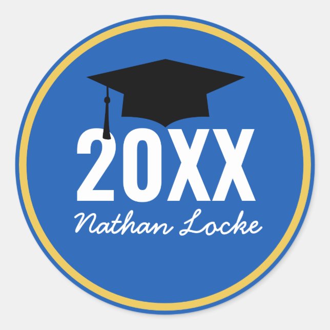 Bold Grad Royal Blue Graduation Classic Round Sticker (Front)