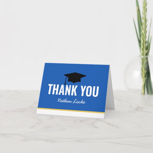 Bold Grad Royal Blue Graduation Thank You Card (Front)