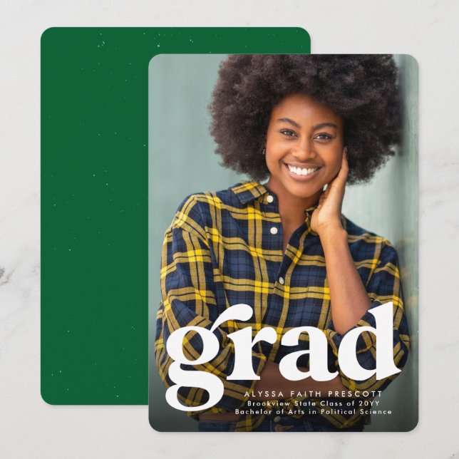 Bold grad simple green vertical photo graduation announcement (Front/Back)