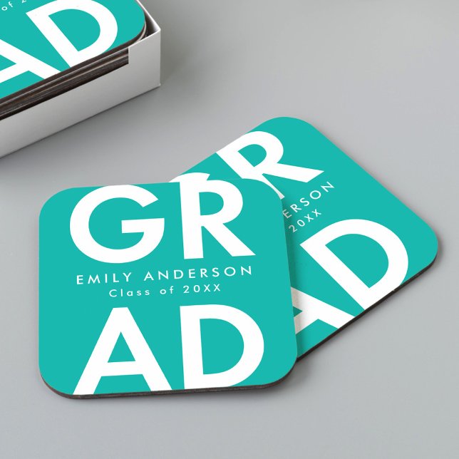 Bold Grad Turquoise Graduation Party Square Paper Coaster (Creator Uploaded)