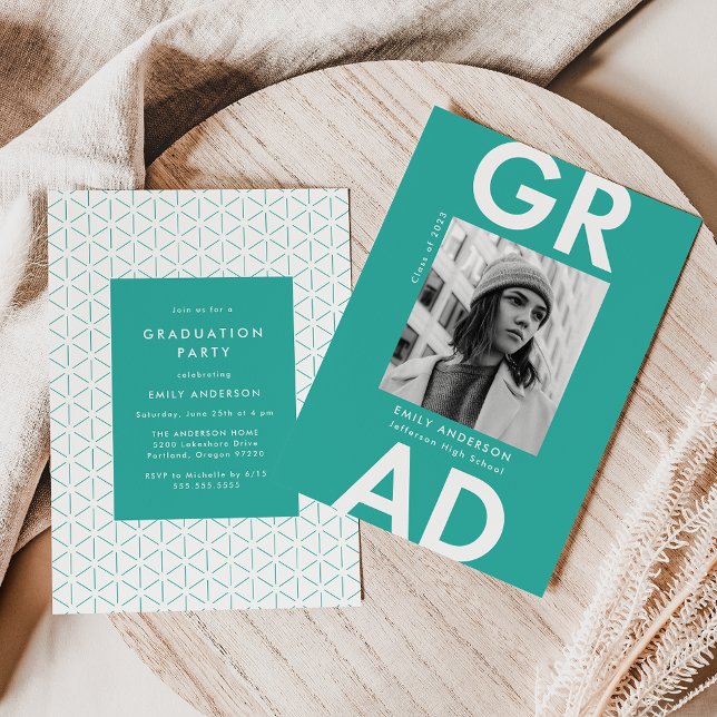 Bold Grad Turquoise Photo Graduation Party Invitation (Creator Uploaded)