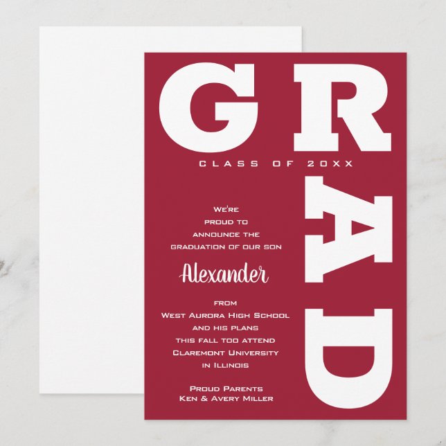 Bold GRAD White on Crimson Red Graduation  Announcement (Front/Back)