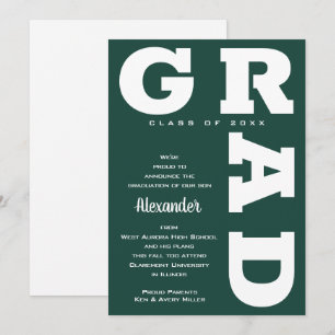 Bold GRAD White on Dark Green Graduation  Announcement