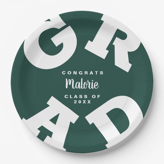 Bold GRAD | White on Dark Green Graduation Plates (Front)