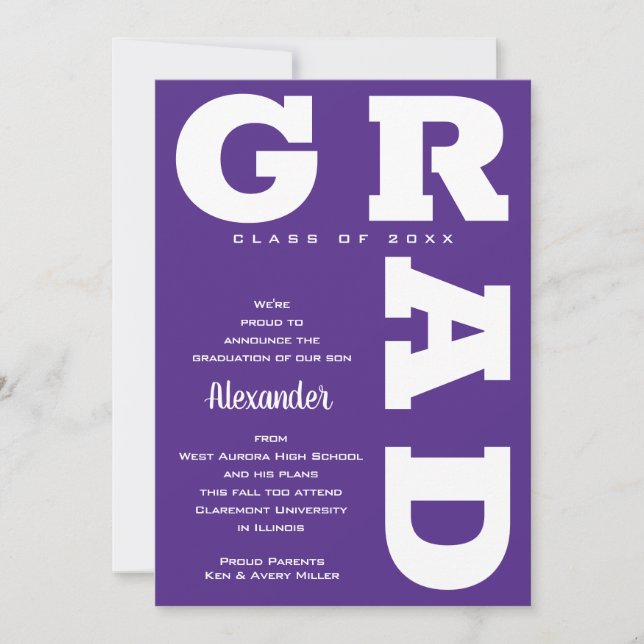 Bold GRAD White on Purple Graduation  Announcement (Front)