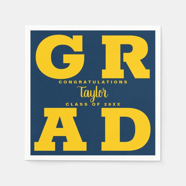 Bold GRAD Yellow on Blue Graduation Napkin (Front)