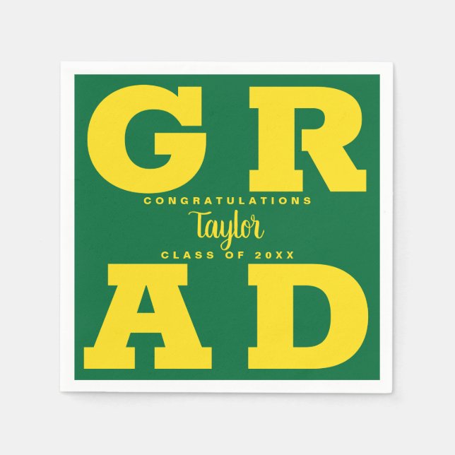 Bold GRAD | Yellow on Green Graduation Napkins (Front)