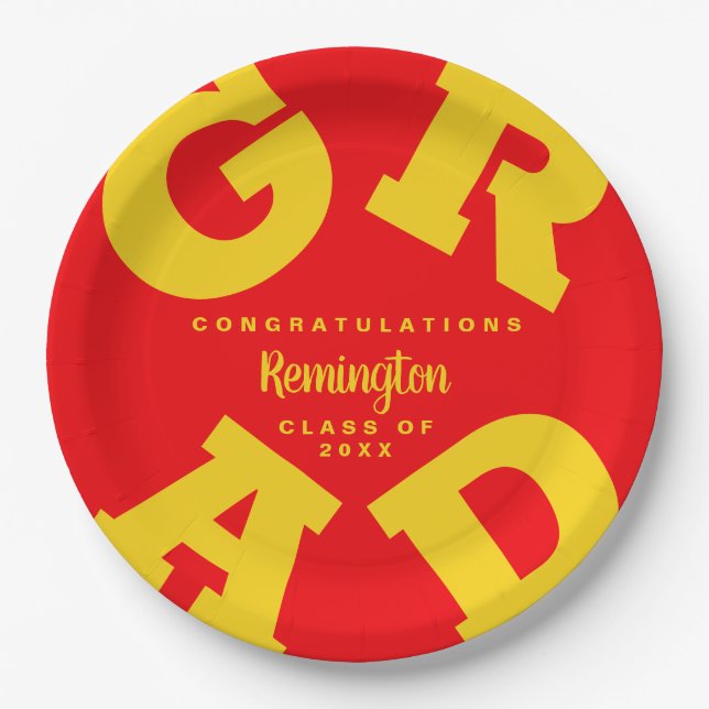 Bold GRAD | Yellow on Red Graduation Paper Plates (Front)