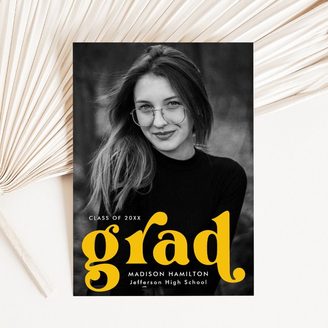Bold Grad Yellow Retro Type Photo Graduation Announcement (Creator Uploaded)