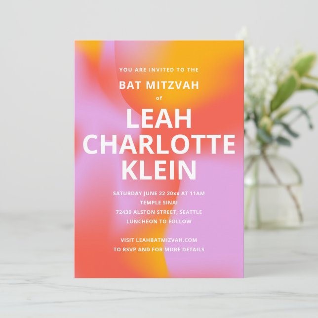 Bold Gradient Lavender Orange Cool Bat Mitzvah Invitation (Standing Front)
