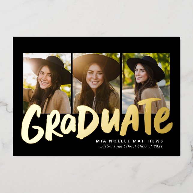 Bold graduate modern gold three photo graduation (Front)