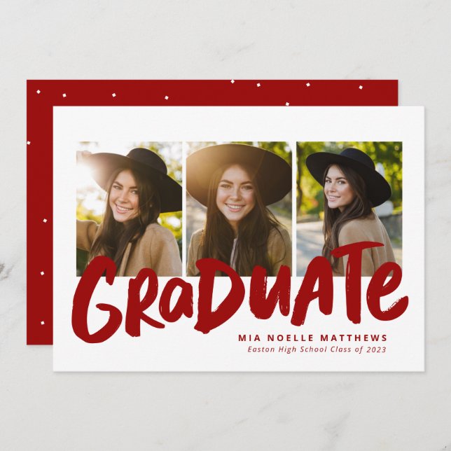 Bold graduate modern red white 3 photo graduation announcement (Front/Back)